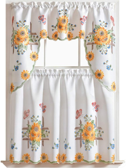 GOHD 3pcs Farmhouse Kitchen Cafe Curtain Set Air Brushed by Hand of Sunflower and Butterfly Design on Thick Satin Fabric (Swag and 36 inches Tiers Set)