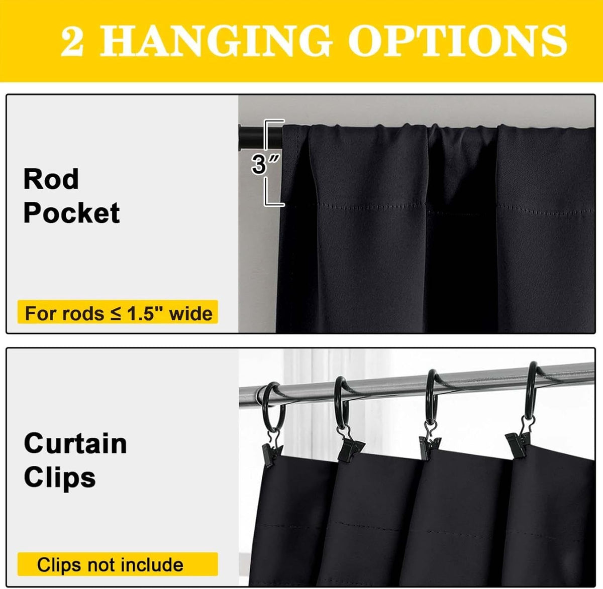 Black Cafe Blackout Curtains 36 Inch Length 2 Panels Set, Soft Solid Thermal Insulated Room Darkening Small Window Curtains for Kitchen Bathroom Basement, Black, Each, 40" Wx36 L