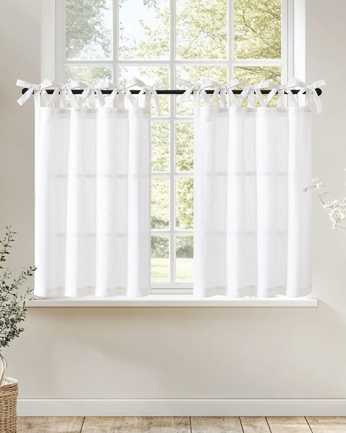 jinchan Solid Linen Kitchen Tier Curtains 24 Inches Tie Top 2 Panles Crude