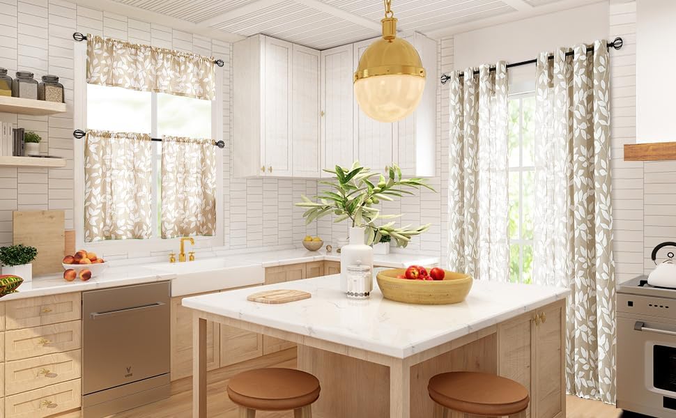 Leaf Kitchen Curtains 36"L Small Tier Window Curtains White Taupe 2pcs