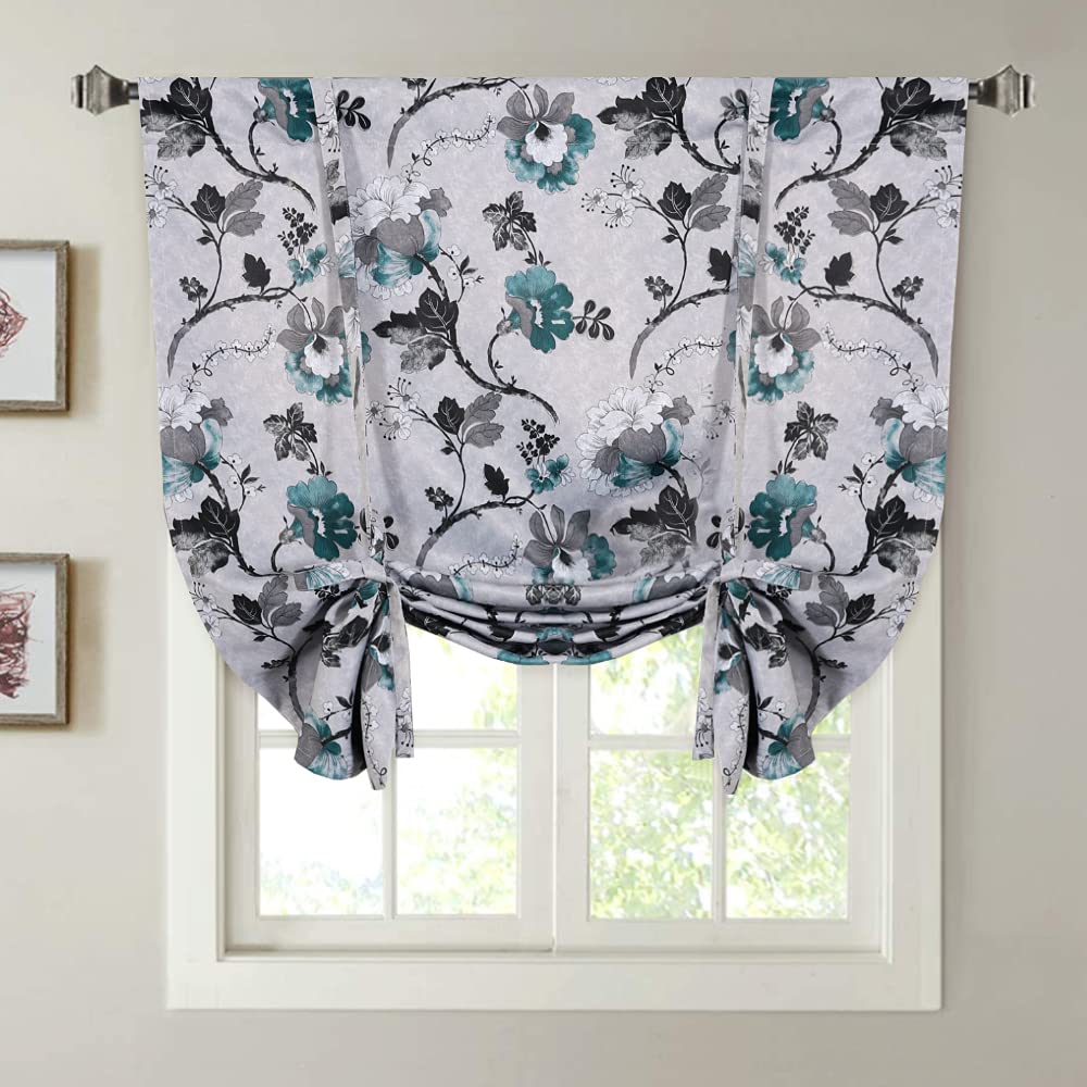 H.VERSAILTEX Thermal Insulated Blackout Curtain Adjustable Kitchen Tie Up Curtains Rod Pocket Panel for Small Window-42 Wide by 63" Long-Vintage Floral Pattern in Sage and Brown