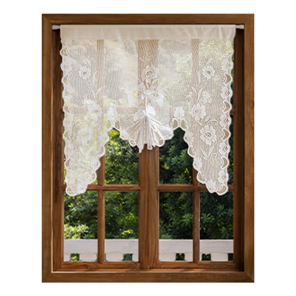 Jayla Beige Semi-Sheer Floral Lace Curtain Swag for Kitchen Half Window Bathroom Decoration Rod Pocket,39 x 39 Inch, 1 Panel