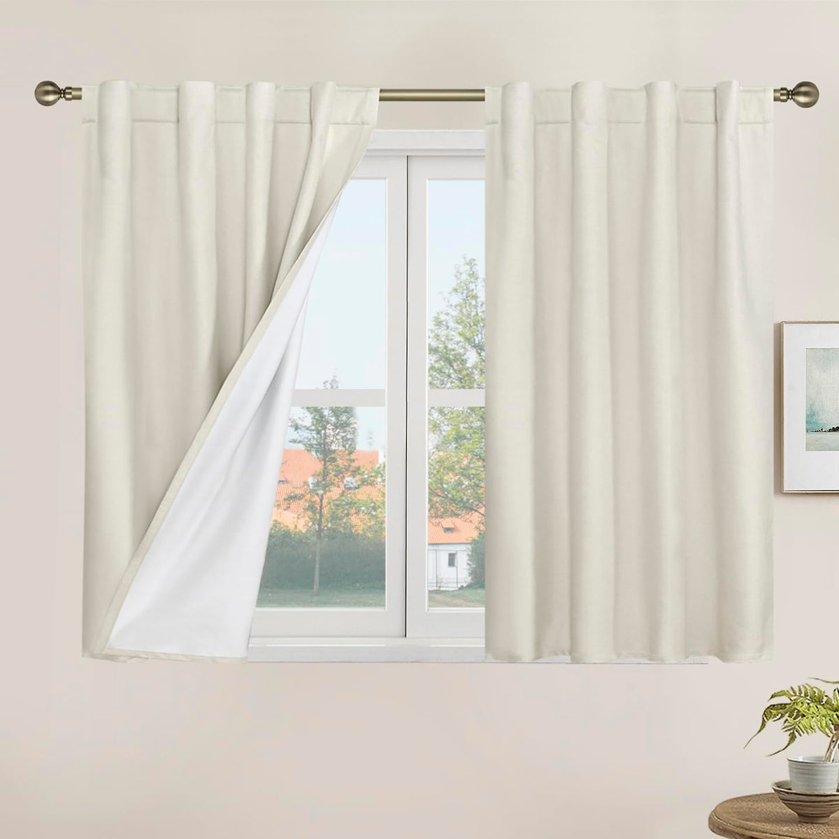 LAMIT Full Blackout Linen Kitchen Window Curtains 36 Inches Long, Ivory