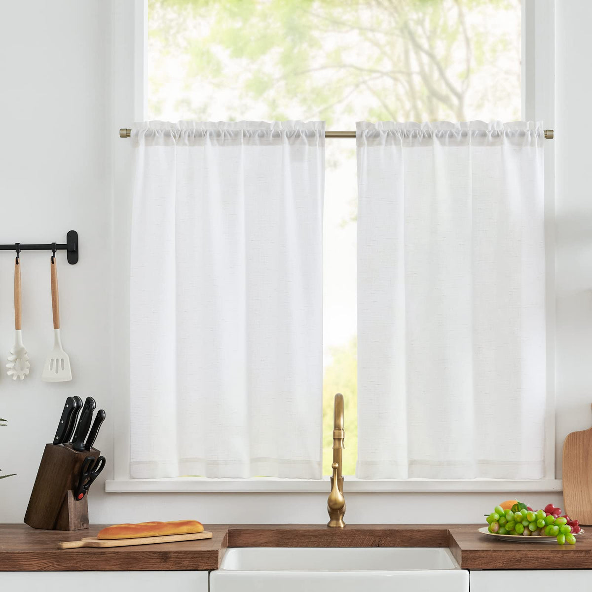 jinchan Linen Pinch Pleated Back Tab Tier Curtains, 26x36, Natural