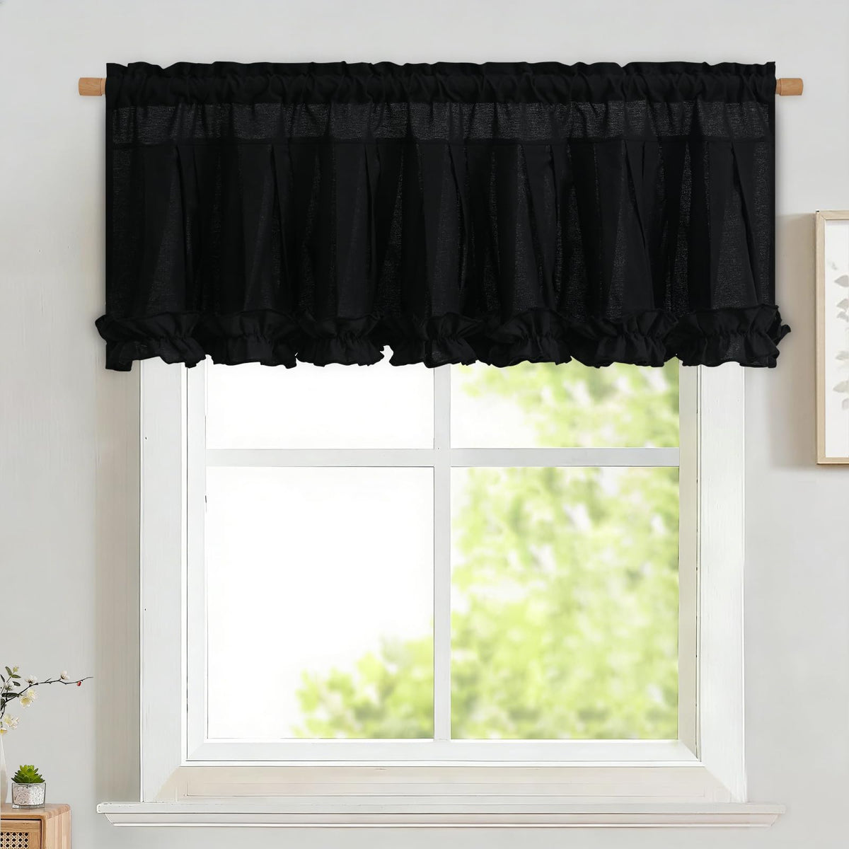Likiyol Linen Valances for Windows Farmhouse Ruffle Swag Valance Rustic Country Window Valances Light Filtering Kitchen Curtains Rod Pocket Valance Curtains for Bathroom Cafe, Green, 60" W x 36" L