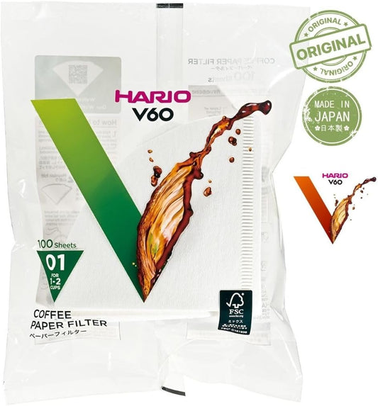 [2pcs Set] Hario V60 Misarashi Coffee Paper Filter (Size 01, 100 Count, White) 200 Total