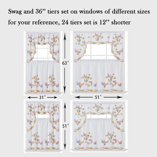 GOHD 3pcs Kitchen Curtain Set,Air-Brushed Butterfly by Hand,24" Tiers Set