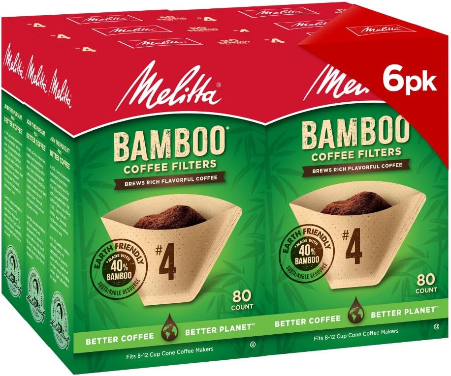 Melitta #4 Bamboo Coffee Filters, Natural Paper Cone Filters, 6-Pack