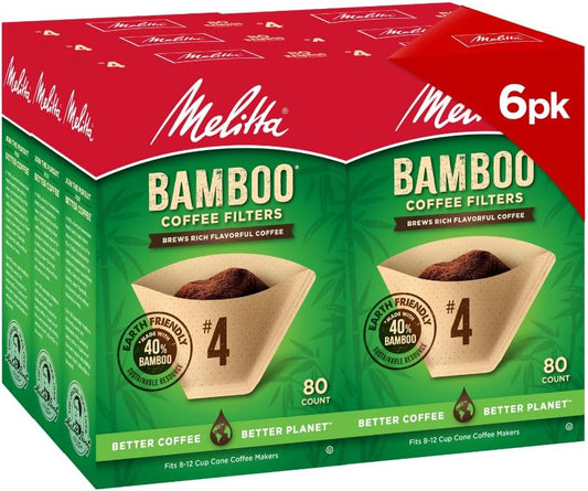 Melitta #4 Bamboo Coffee Filters, Natural Paper Cone Filters, 6-Pack