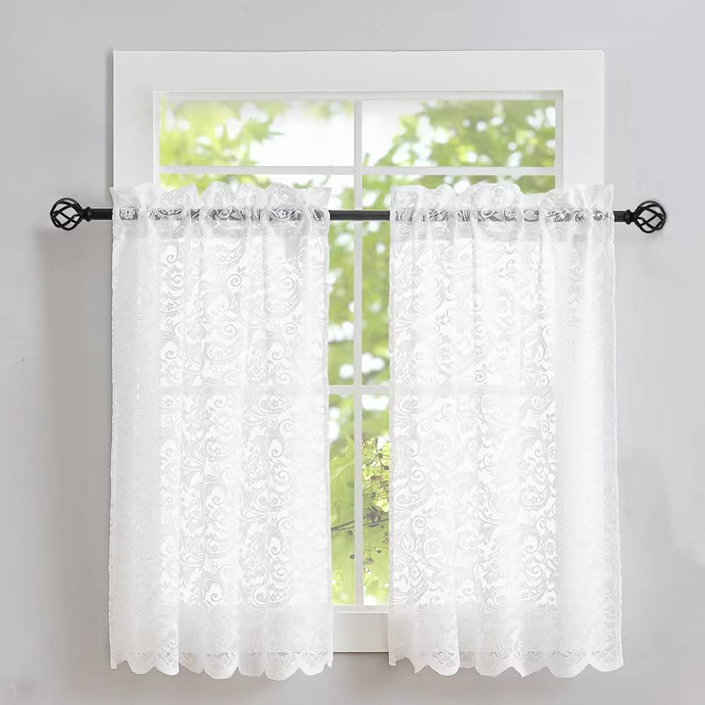 ALIGOGO Short White Lace Kitchen Curtains 36 Length 2 Panels W26 x L36 Inch