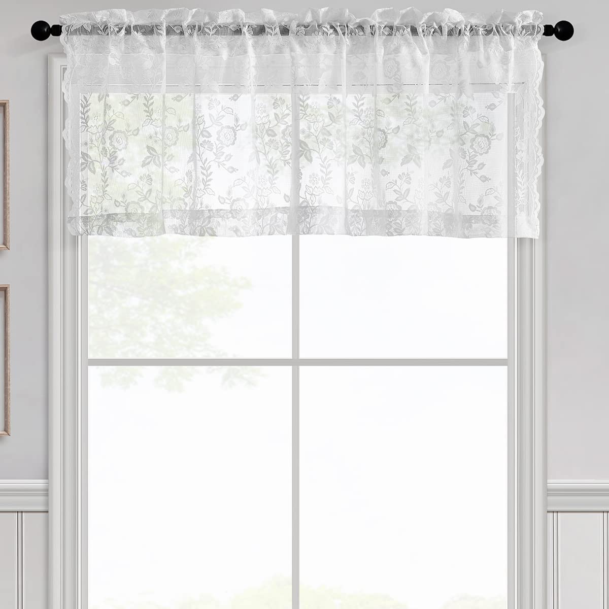 FINECITY Short Beige Lace Curtains Rustic Leaf Floral W42xL36 Inch 2 Panels