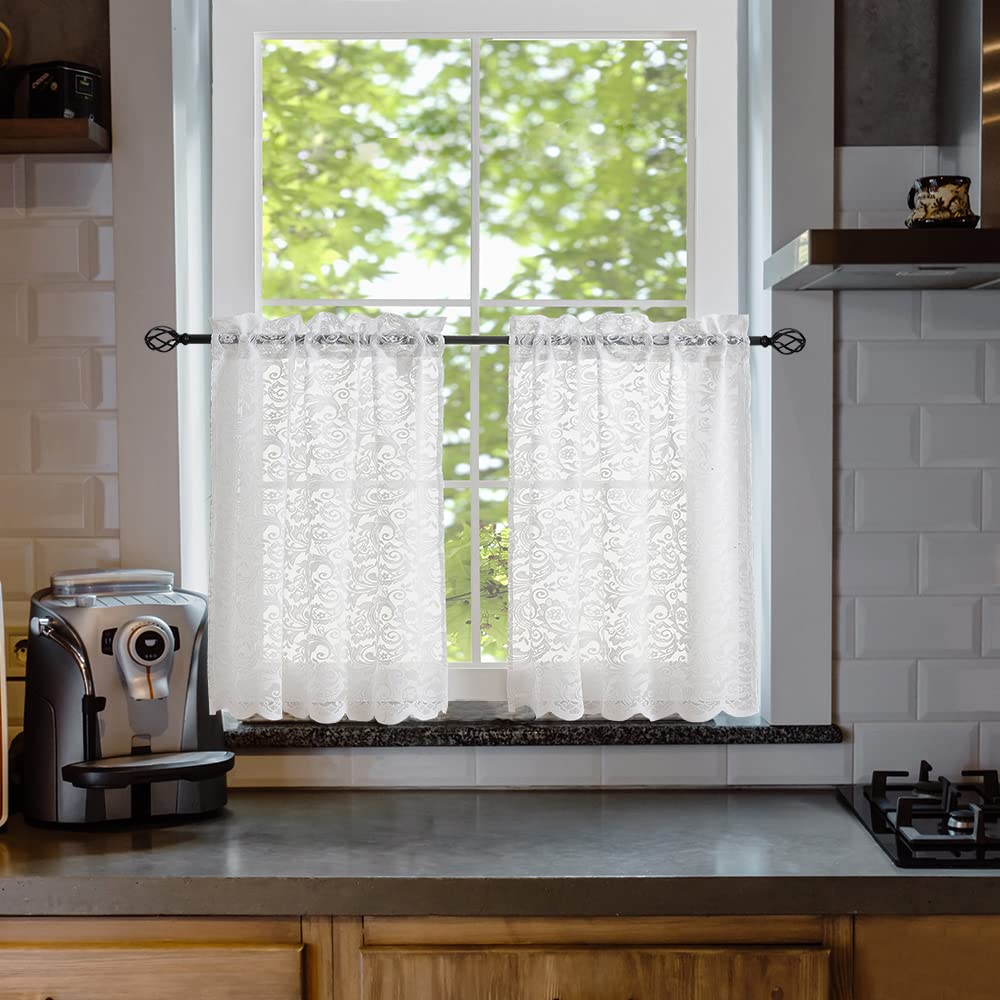 ALIGOGO Short White Lace Kitchen Curtains 36 Length 2 Panels W26 x L36 Inch