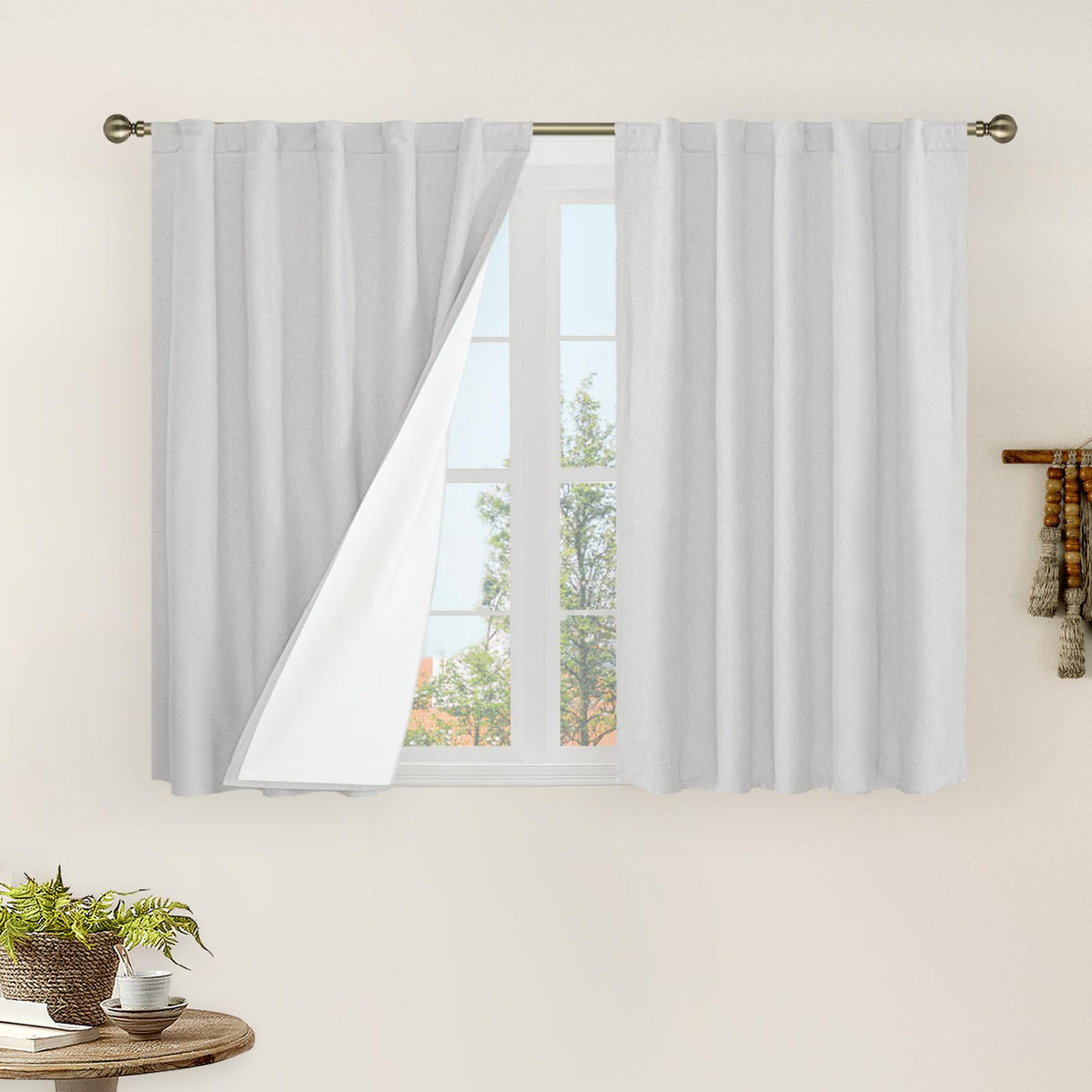 LAMIT Full Blackout Linen Kitchen Window Curtains 36 Inches Long, Ivory