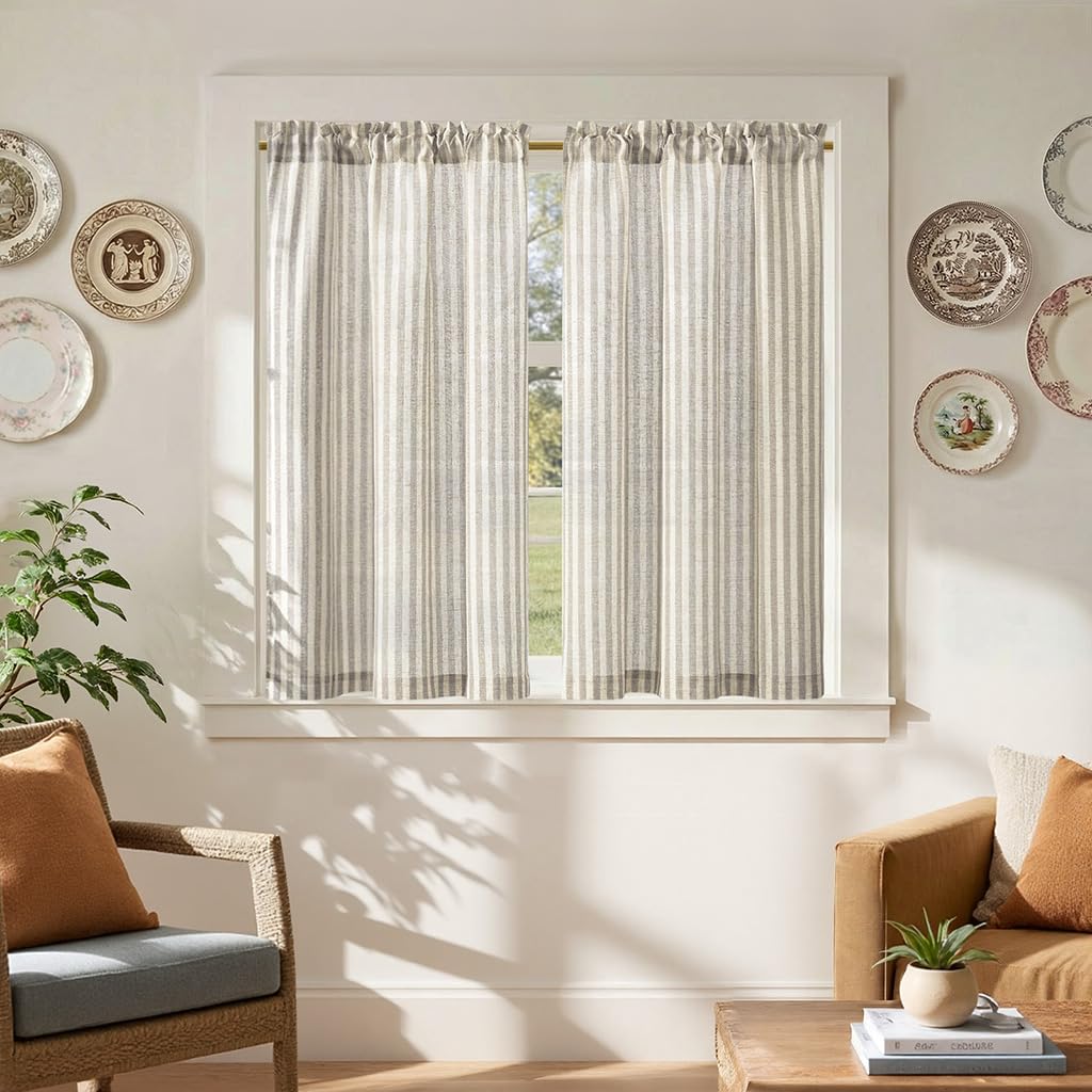 jinchan Striped Linen Kitchen Tier Curtains, 20 Inch, Tan, 2 Panels