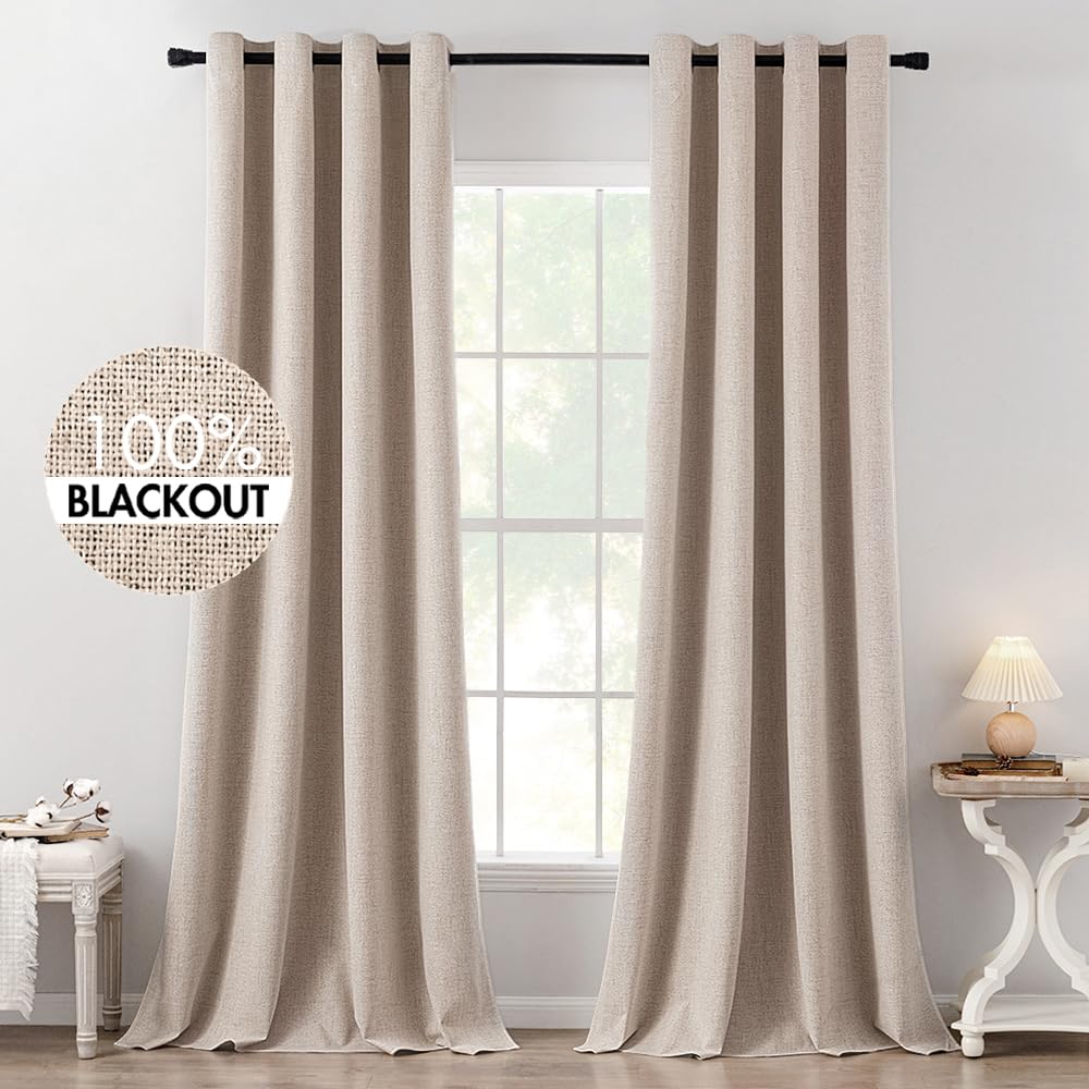 MIULEE 100% Blackout Linen Curtains for Bedroom 52x54 Inches Natural Beige