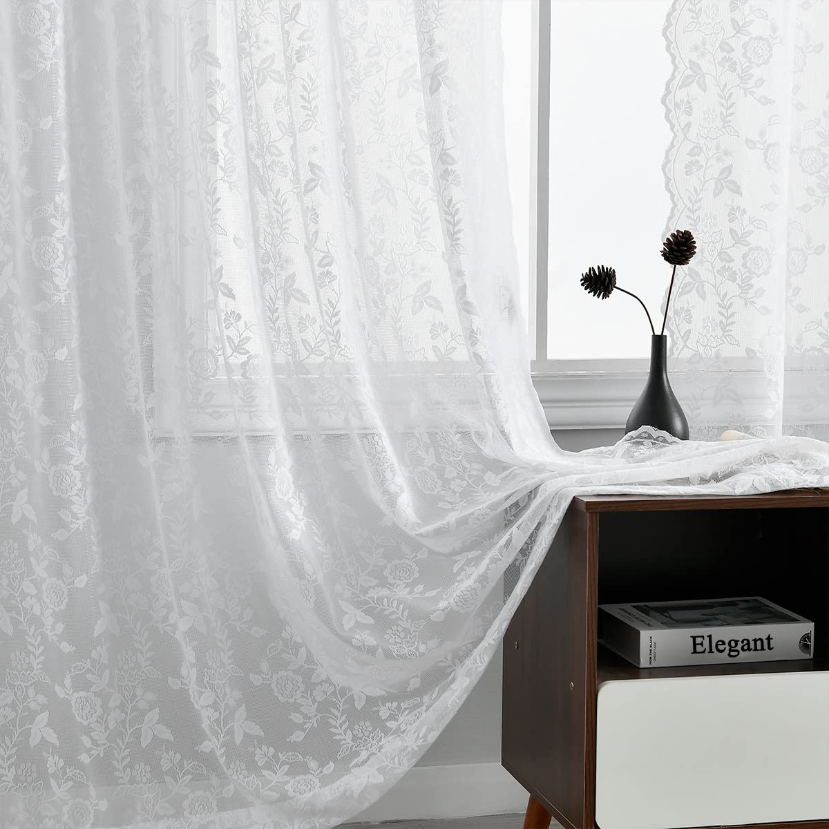FINECITY Short Beige Lace Curtains Rustic Leaf Floral W42xL36 Inch 2 Panels