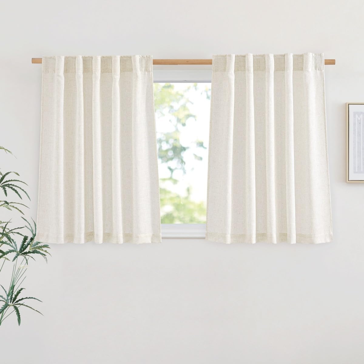 NICETOWN Natural Linen Kitchen Curtains 26 inches Long, Rod Pocket & Back Tab Semi Sheer Flax Window Treatments Rustic & Cute for Cafe/Kids Room, W37 x L26, 2 Panels
