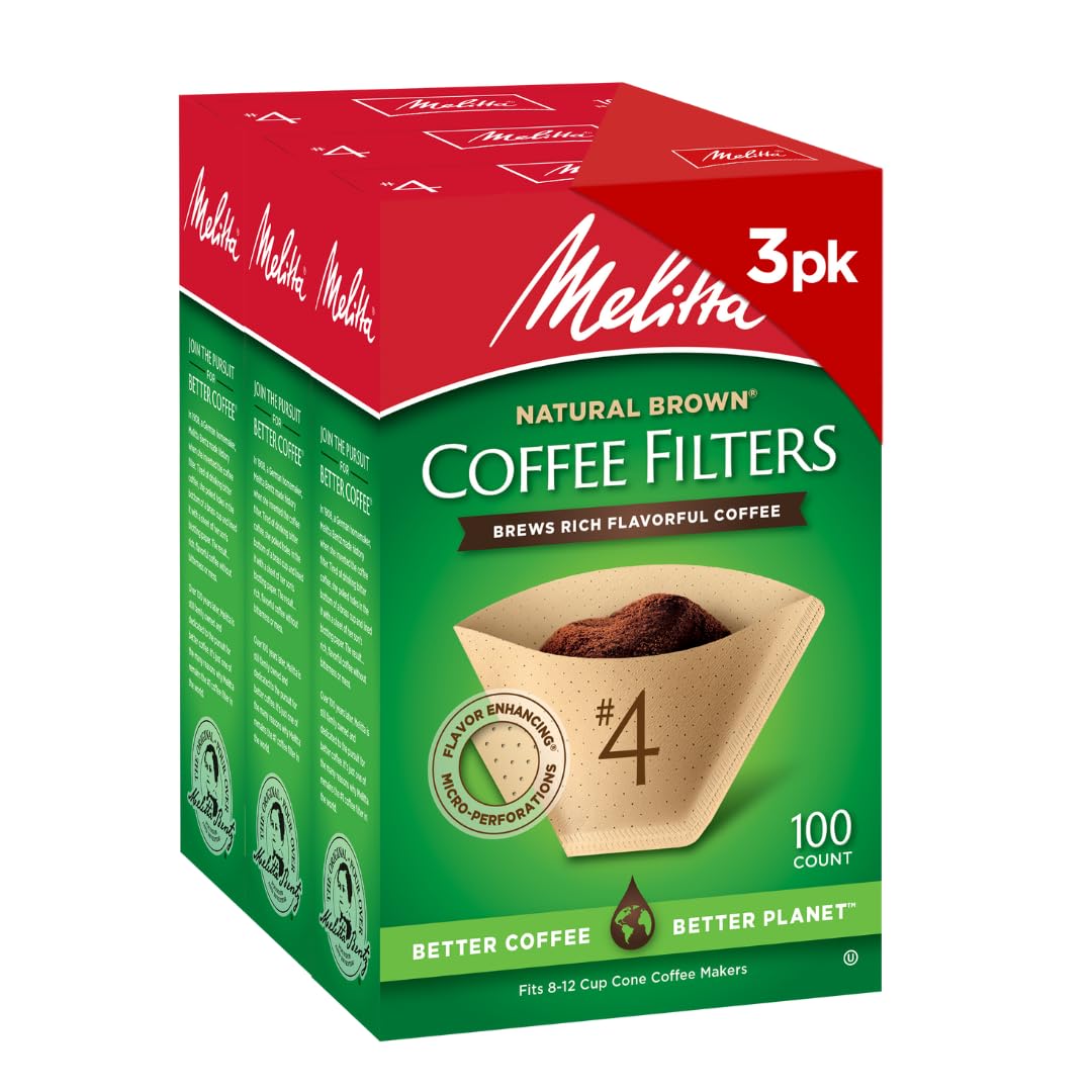 Melitta #4 Unbleached Coffee Filters, Natural Brown Cone Filters, 6-Pack
