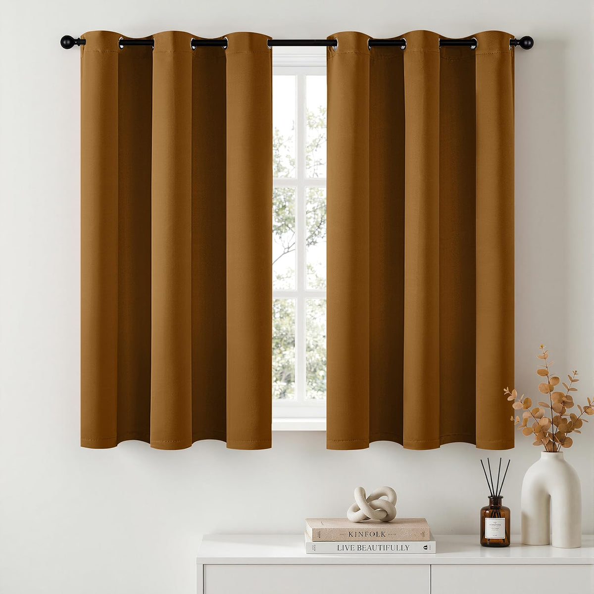 Short Navy Blue Blackout Kitchen Curtain W40 x L45 Inch 2 Panels