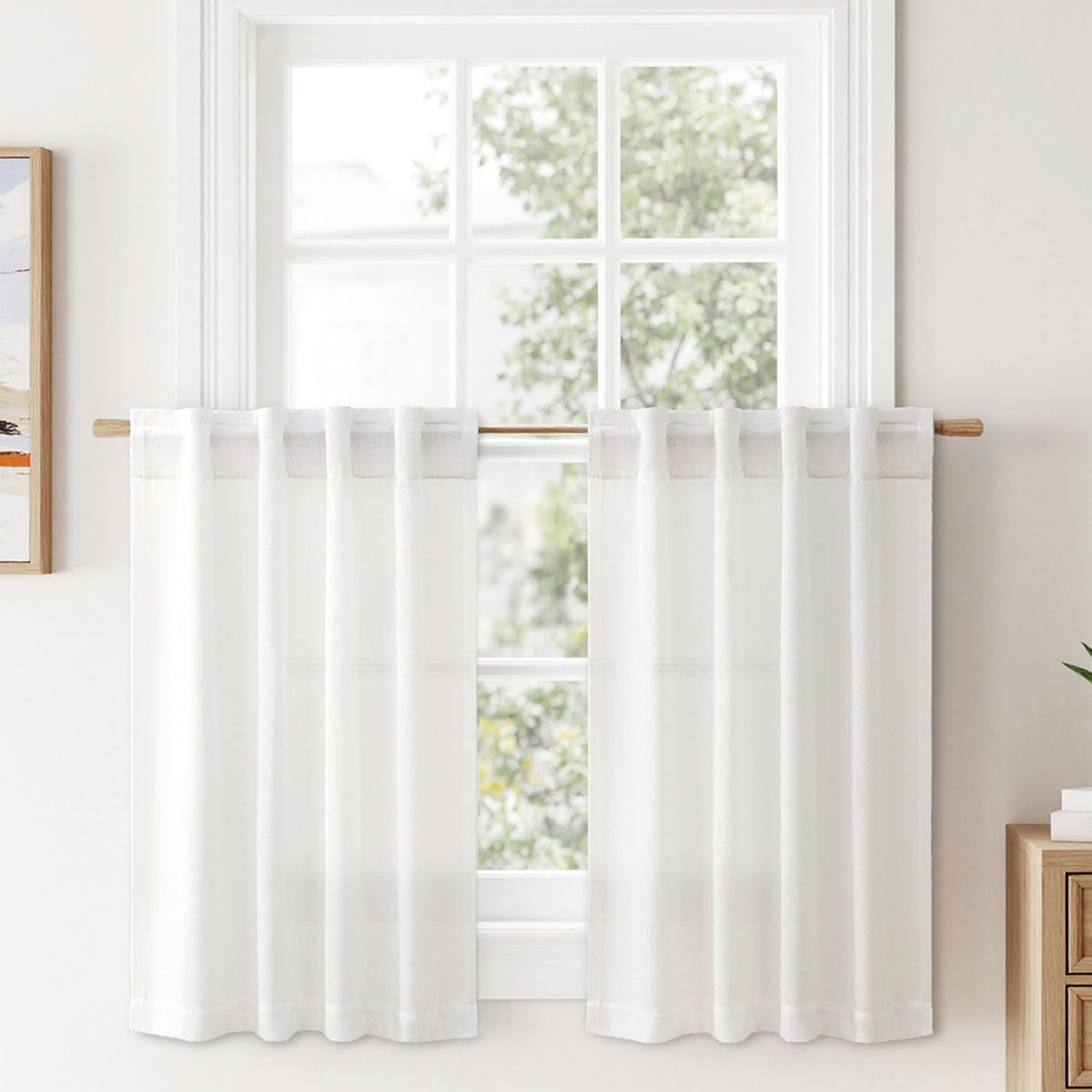 MIULEE 36 Inch Linen Textured Sheer Cafe Curtains Kitchen Window Tan Beige