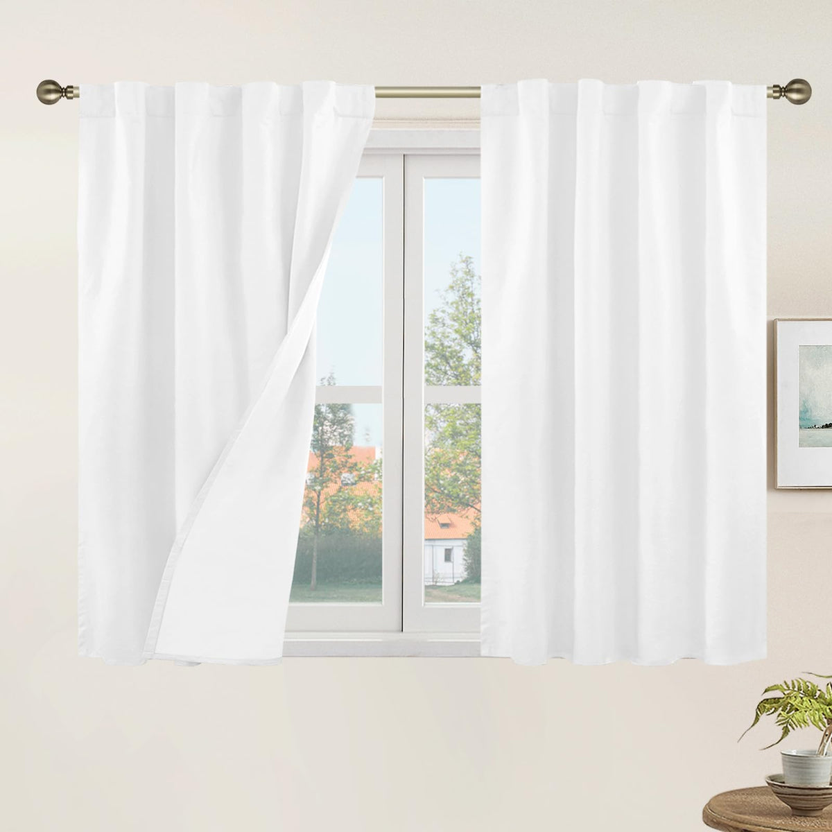 LAMIT Full Blackout Linen Kitchen Window Curtains 36 Inches Long, Ivory
