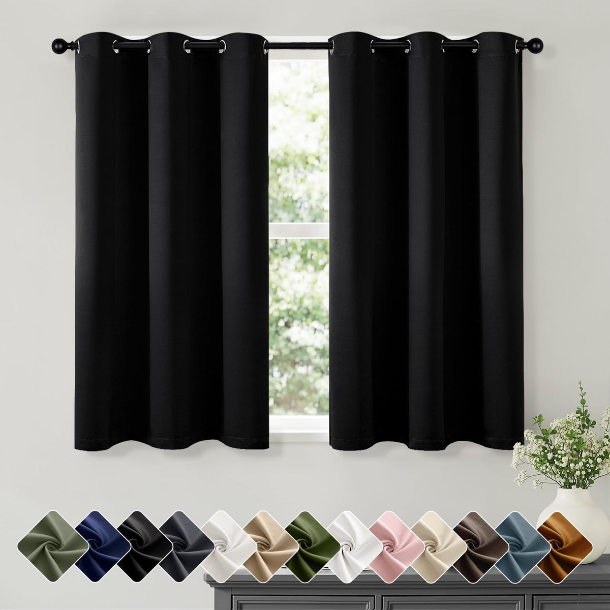 Short Navy Blue Blackout Kitchen Curtain W40 x L45 Inch 2 Panels
