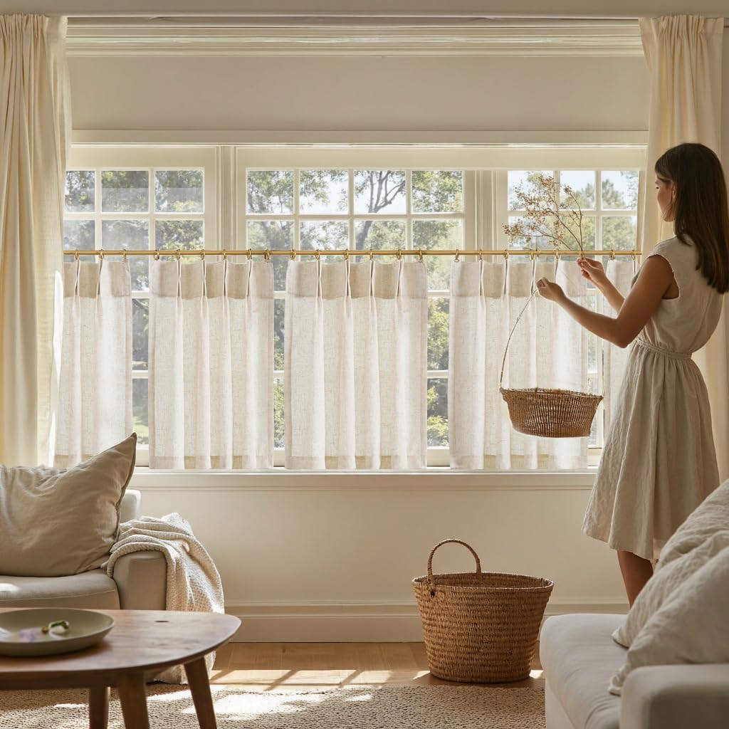 jinchan Linen Pinch Pleated Back Tab Tier Curtains, 26x24, Natural