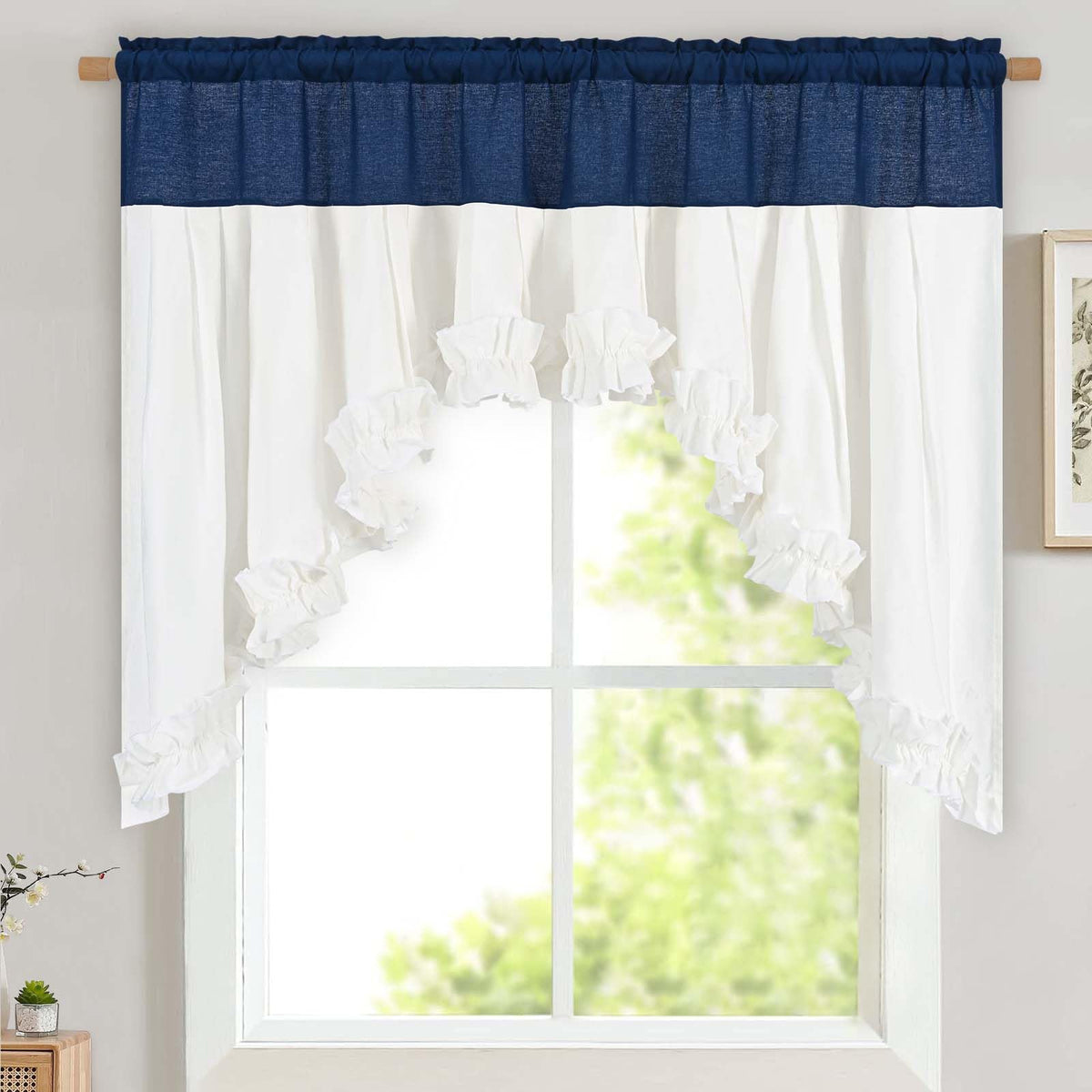 Likiyol Linen Valances for Windows Farmhouse Ruffle Swag Valance Rustic Country Window Valances Light Filtering Kitchen Curtains Rod Pocket Valance Curtains for Bathroom Cafe, Green, 60" W x 36" L