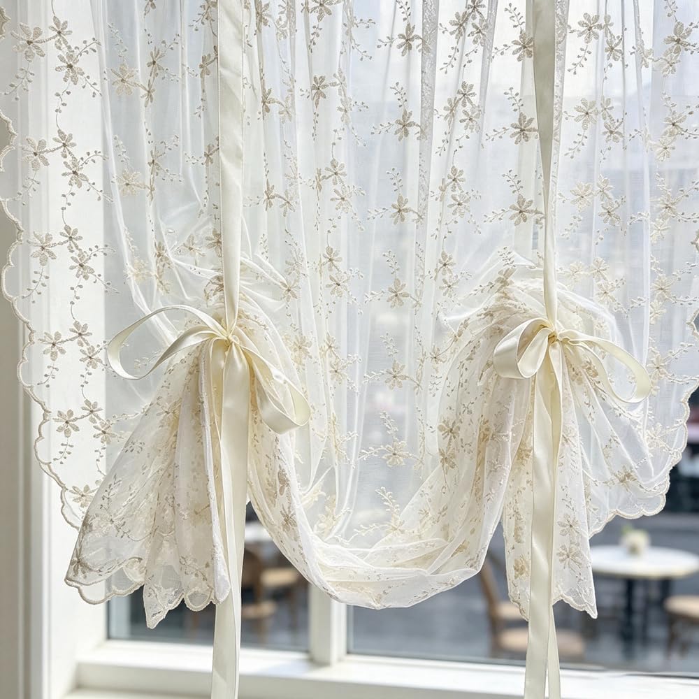 Beige Romantic Little Floral Woven Lace Tie Up Balloon Curtain for Kitchen
