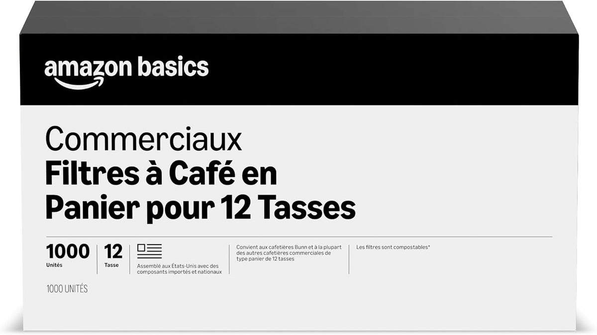 Amazon Basics Commercial 12-Cup Basket Coffee Filters, 1000 Count, Fits Bunn and Most Basket-Style Coffeemakers, White