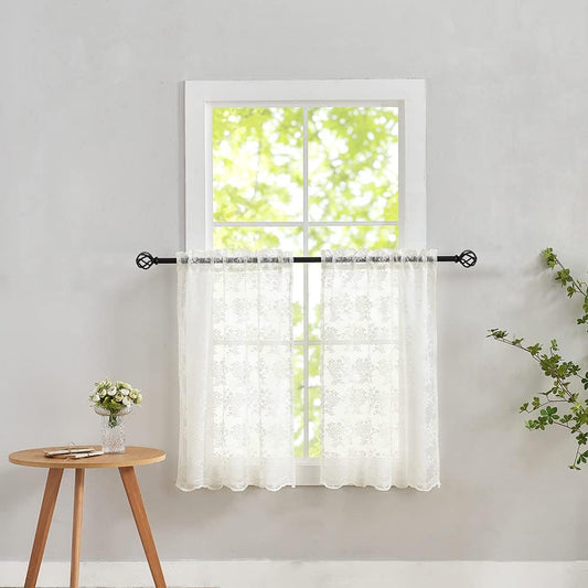 YJ YANJUN Vintage Lace Curtains 36 Inch Length-Victorian Floral Pattern Ivory Country Cafe Sheer Curtains for Kitchen & Bathroom, Short Light Filtering Drapes, 2 Panels 26W x 36L Cream