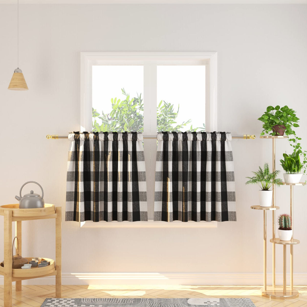 Buffalo Check Kitchen Tier Curtain 24 inches Long Plaid Gingham Rod Pocket Classic Cafe Curtains Country Farmhouse Kitchen Half Window Curtains 2 Panels Beige & White