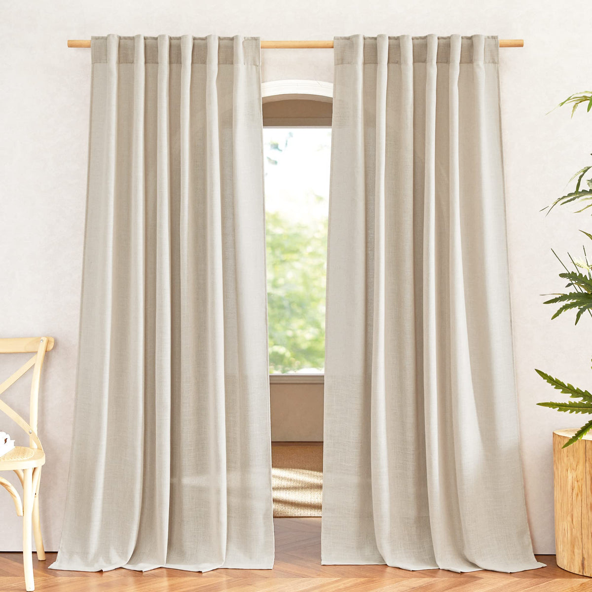 NICETOWN Natural Linen Kitchen Curtains 26 inches Long, Rod Pocket & Back Tab Semi Sheer Flax Window Treatments Rustic & Cute for Cafe/Kids Room, W37 x L26, 2 Panels