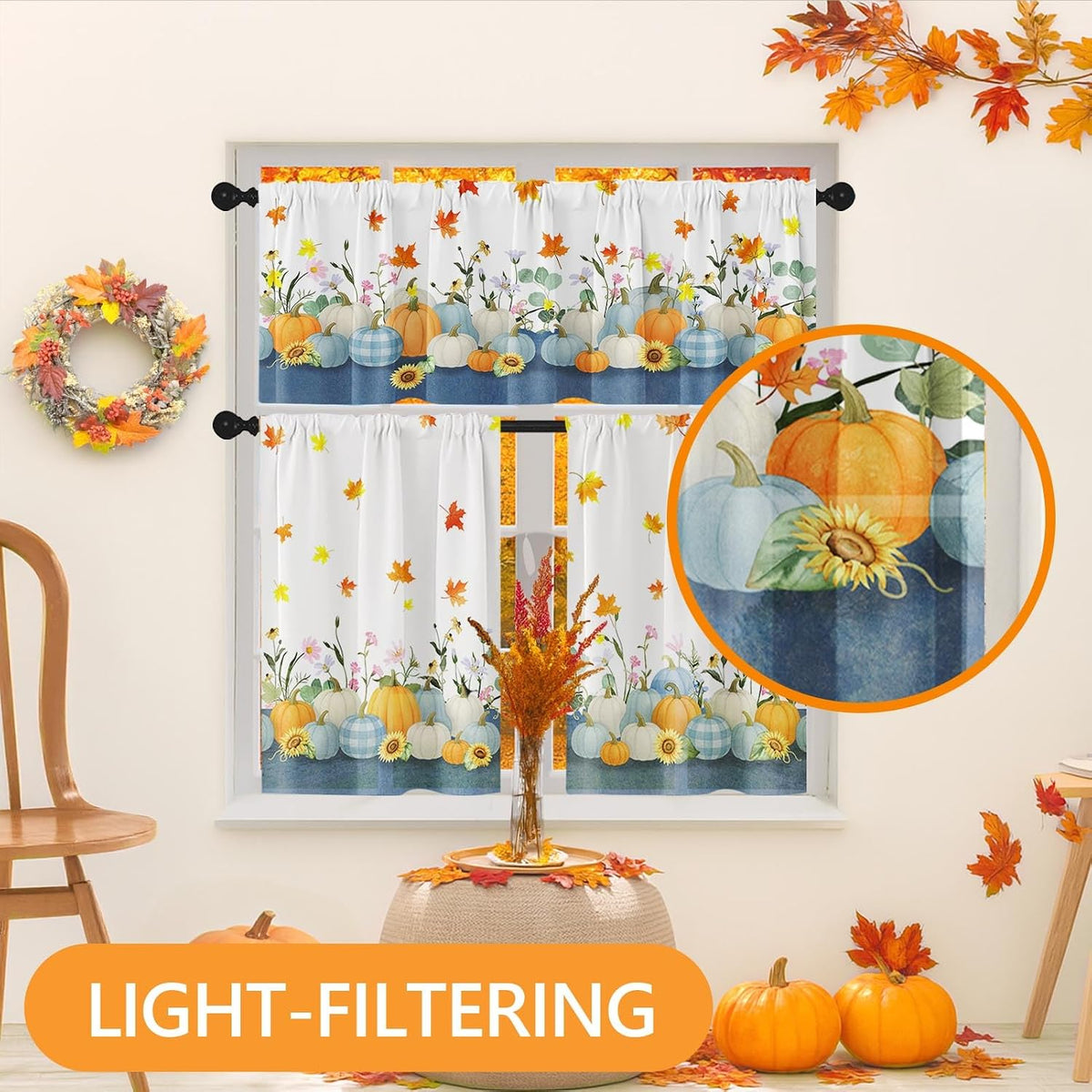 Arttown Fall Kitchen Curtains Sets for Windows, 52x36 Inch, Maple Pumpkins