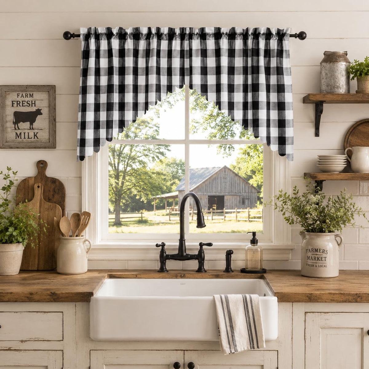 Beda Home Buffalo Check Swag Valance for Kitchen, Coffee/White, 52 x 18 in