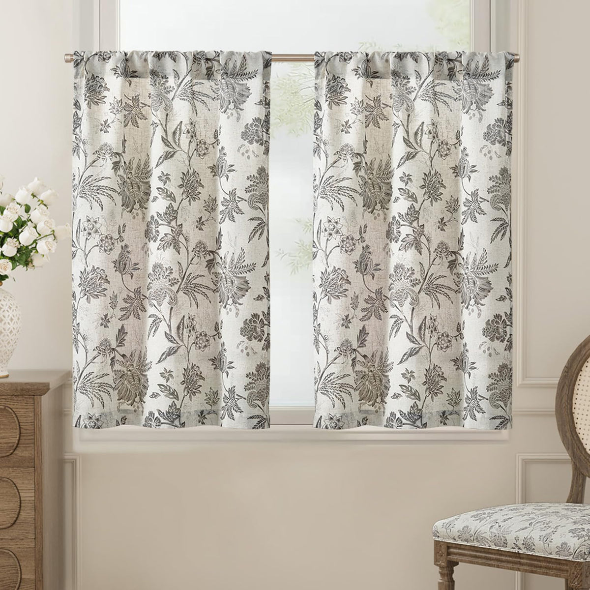 jinchan Floral Kitchen Tier Curtains 24 Inch 2 Panels Sage Green on Beige