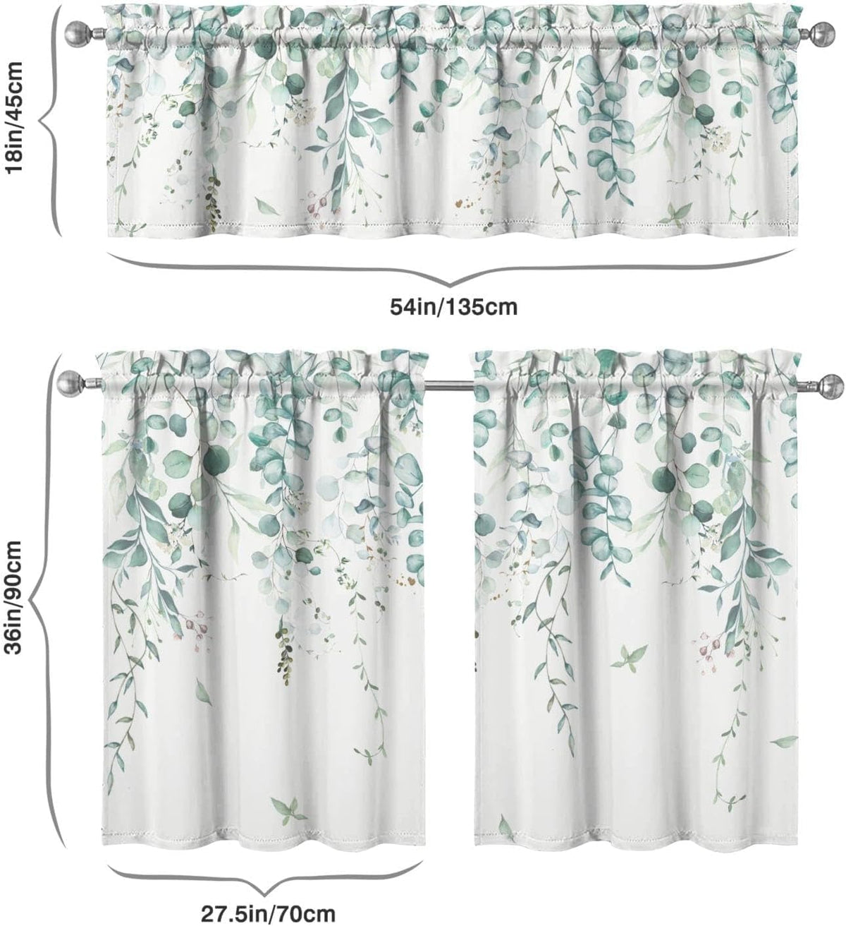 Sage Kitchen Curtain Valance 3 Piece Set, Sage Leaf Floral Kitchen Decor for Home Interior, Farmhouse Style Sink Window Curtains 36 Inch