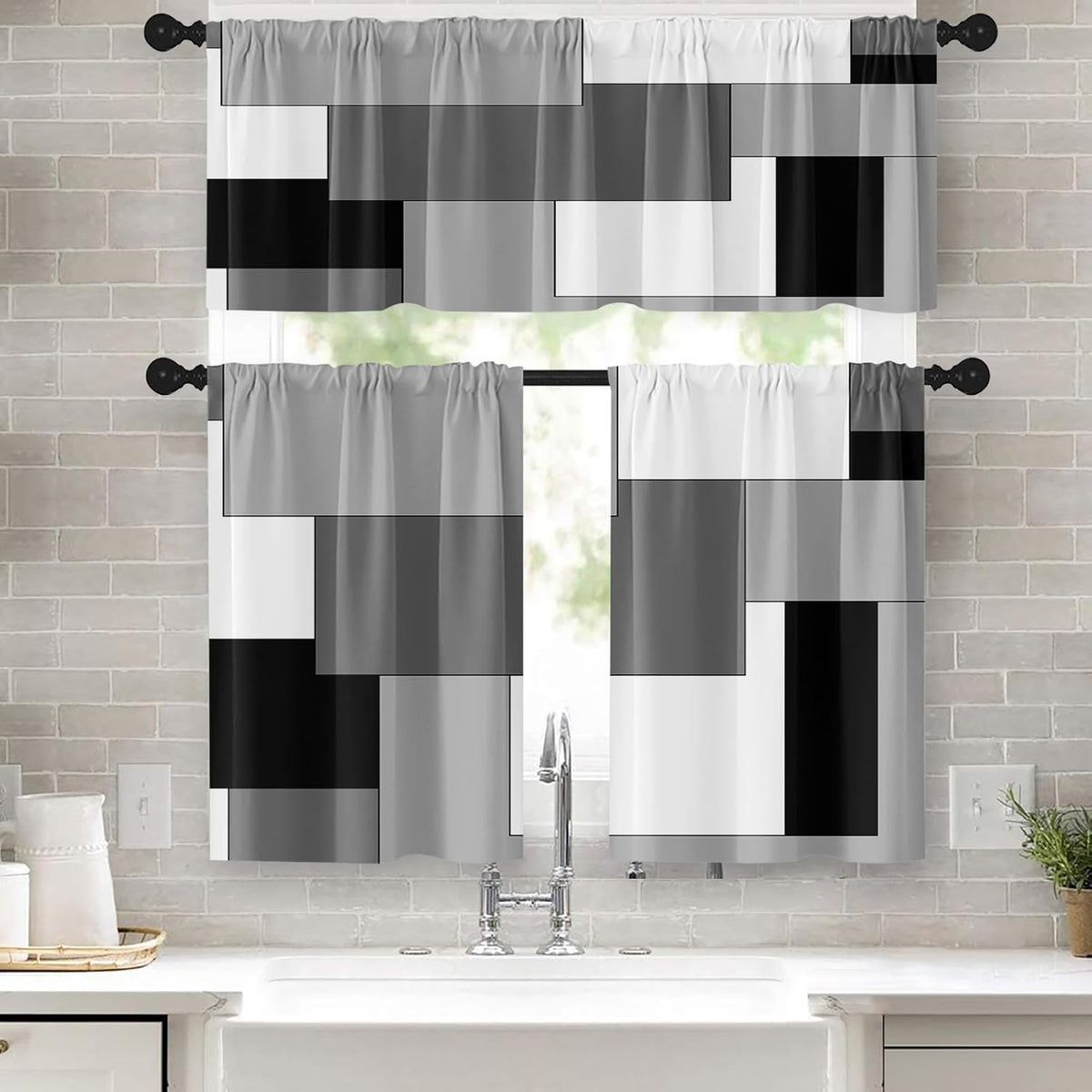 Kitchen Curtains Sets for Windows 52x36 Inch 3 Pack, Geometric