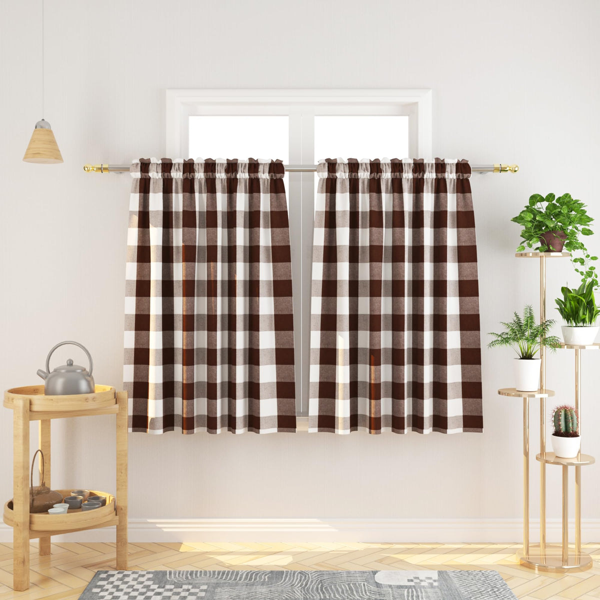 Buffalo Check Kitchen Tier Curtain 24 inches Long Plaid Gingham Rod Pocket Classic Cafe Curtains Country Farmhouse Kitchen Half Window Curtains 2 Panels Beige & White
