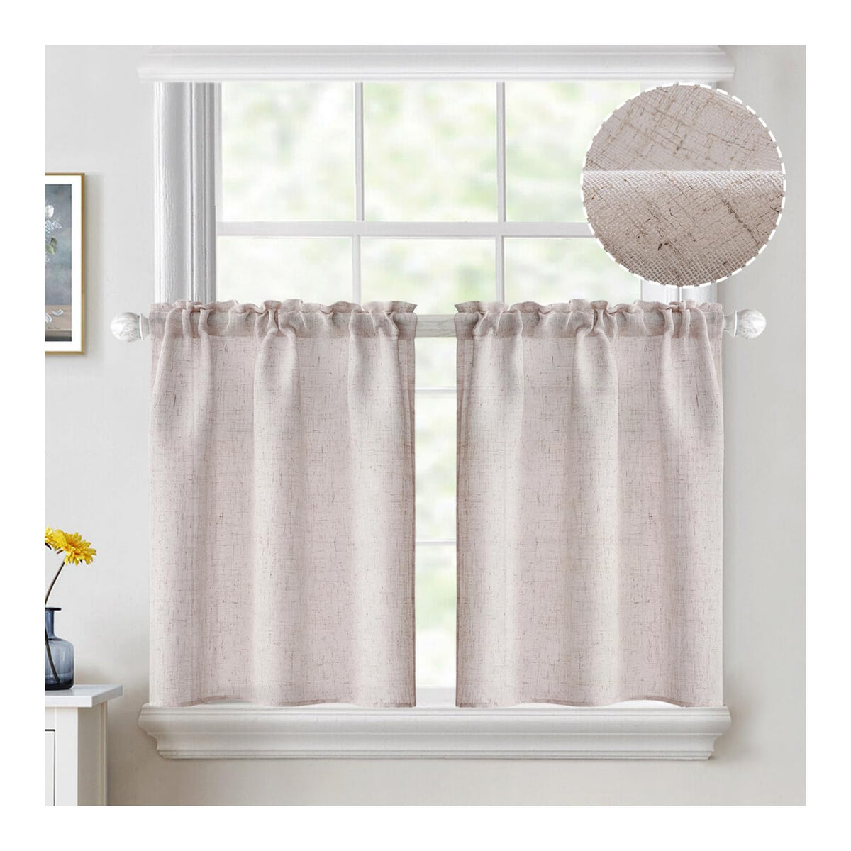 MIULEE Spring Linen Textured Kitchen Window Curtains over Sink 24 Inch Length Semi Sheer Farmhouse Small Curtains for Cafe Bathroom Basement, Short Rod Pocket Tier Curtains 2 Panels W26XL24 Sage Green