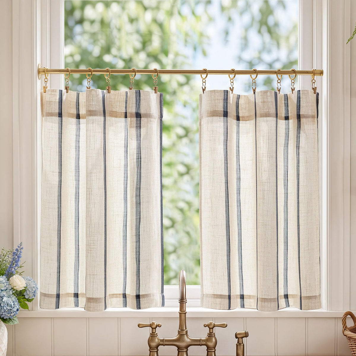 jinchan Linen Striped Tier Curtains for Kitchen Windows Farmhouse