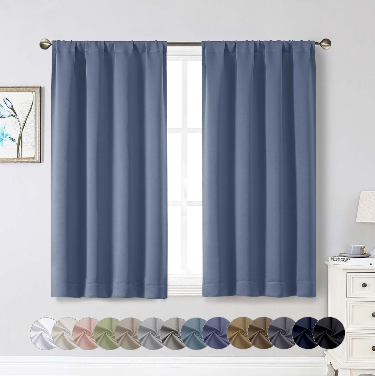 Black Cafe Blackout Curtains 36 Inch Length 2 Panels Set, Soft Solid Thermal Insulated Room Darkening Small Window Curtains for Kitchen Bathroom Basement, Black, Each, 40" Wx36 L