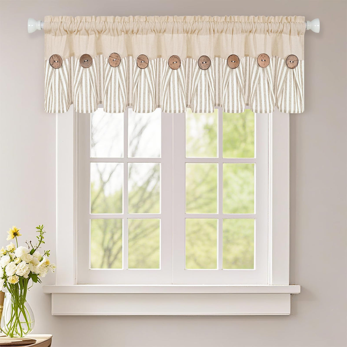 ASPMIZ Cotton Linen Kitchen Valance Curtains, Boho Rustic Button Linen Valances for Windows Farmhouse, Black with Grey Stripe Valance Window Topper Treatment Window Valances for Bathroom, 52 x 18 Inch