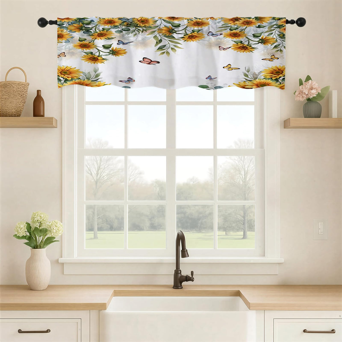 Yellow Sunflower Kitchen Curtains 42W X 63L Inch 2 Panels Rod Pocket Country Rustic Floral Flower Butterfly Farmhouse Over Sink Small Short Cafe Tier Window Treatment Bathroom Decor