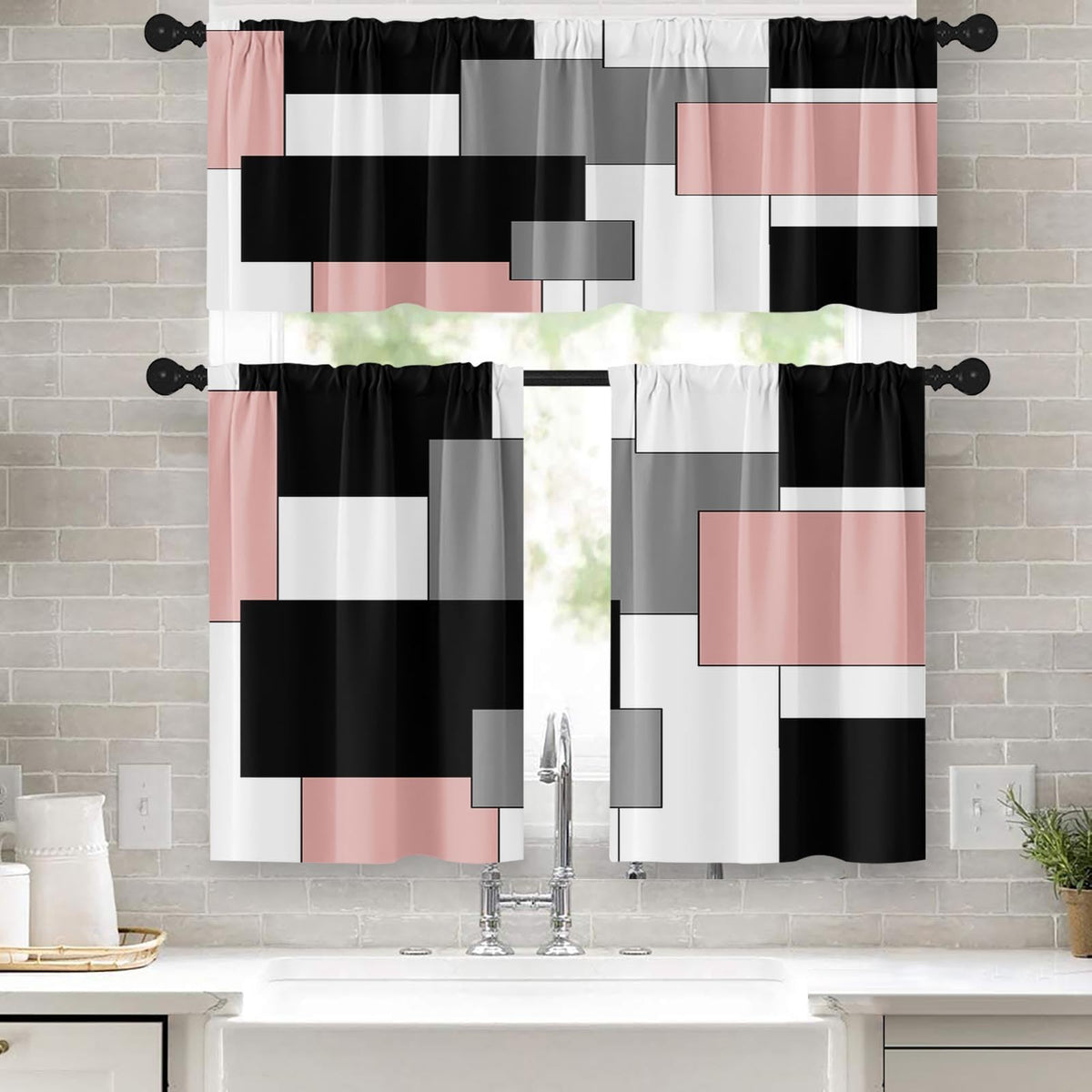 Kitchen Curtains Sets for Windows 52x36 Inch 3 Pack, Geometric