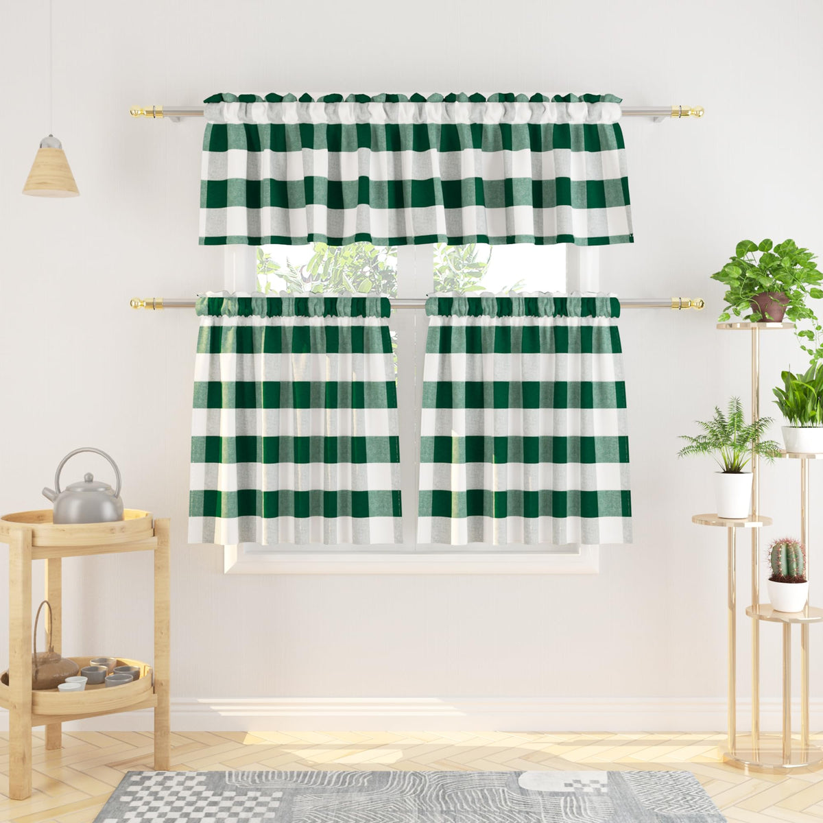3 Pieces Tier Curtains and Valance Set Buffalo Check Kitchen Tiers Plaid Gingham Rod Pocket Classic Short Small Cafe Curtains Country Farmhouse Cafe Bathroom 54"x18"/27"x24" Brown & White