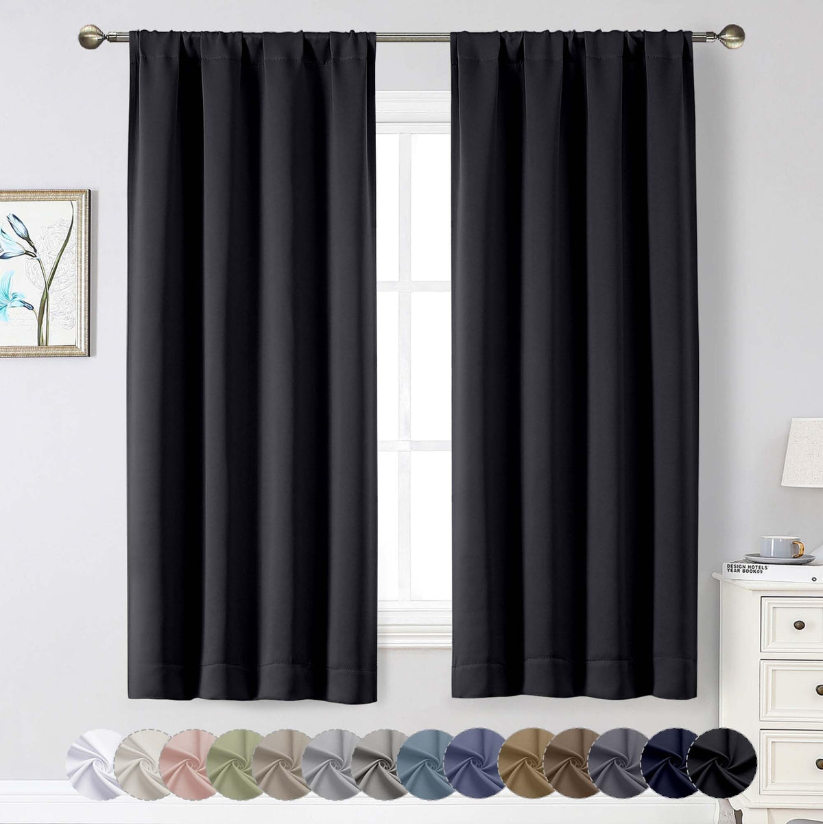 Black Cafe Blackout Curtains 36 Inch Length 2 Panels Set, Soft Solid Thermal Insulated Room Darkening Small Window Curtains for Kitchen Bathroom Basement, Black, Each, 40" Wx36 L