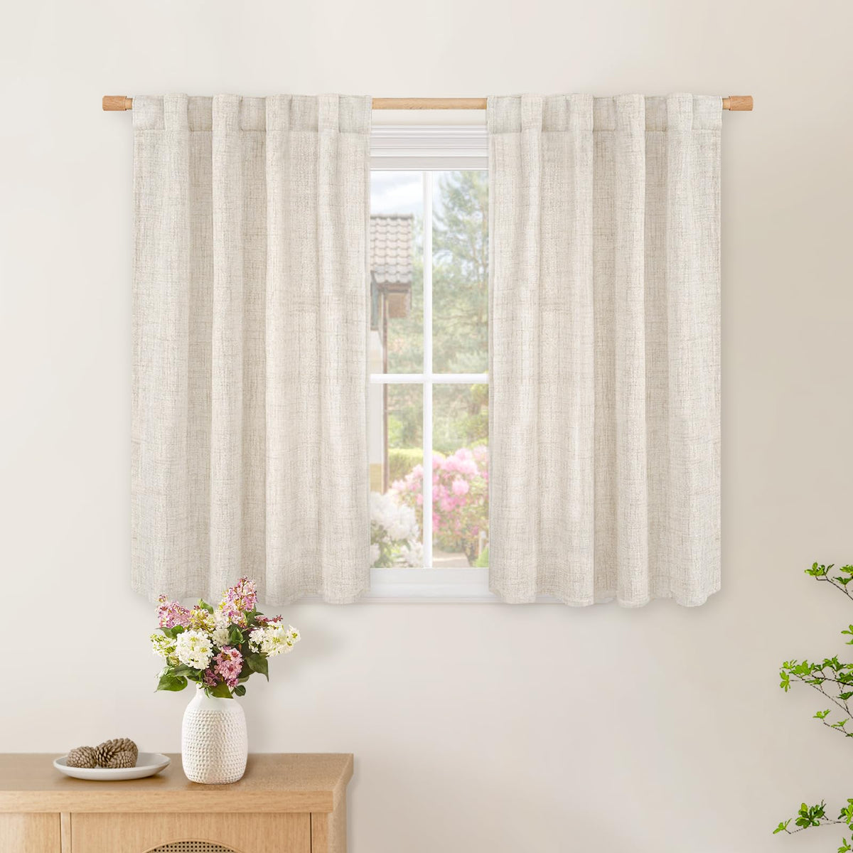 BGment White Linen Kitchen Curtains 40 Inch Length for Short Window