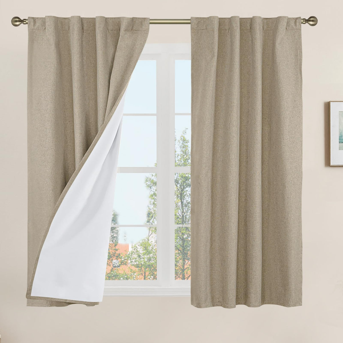 LAMIT Full Blackout Linen Kitchen Window Curtains 36 Inches Long, Ivory