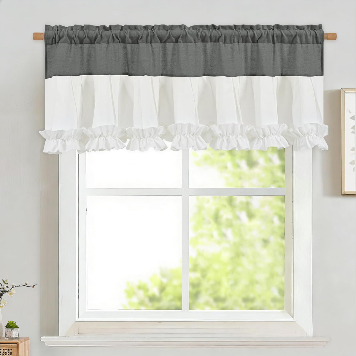Likiyol Linen Valances for Windows Farmhouse Ruffle Swag Valance Rustic Country Window Valances Light Filtering Kitchen Curtains Rod Pocket Valance Curtains for Bathroom Cafe, Green, 60" W x 36" L